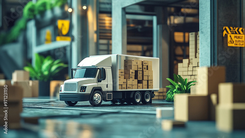 Cargo truck at warehouse loading dock with cardboard boxes, illustrating logistics, shipping, and modern freight transportation.