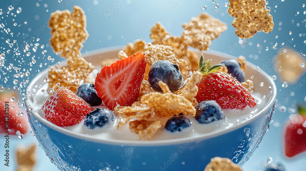 Healthy breakfast with milk, flying corn flakes, strawberries and blueberries Healthy breakfast with milk, flying corn flakes, strawberries and blueberries