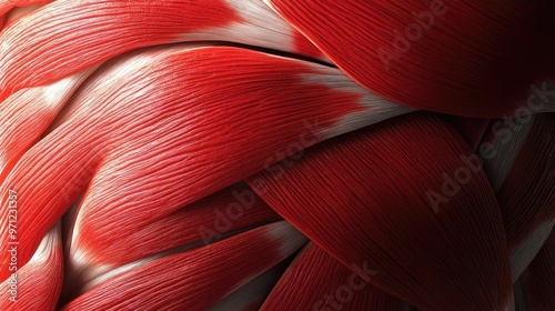 Close-up of red muscle fibers showcasing intricate texture and detail, emphasizing the strength and complexity of human anatomy.