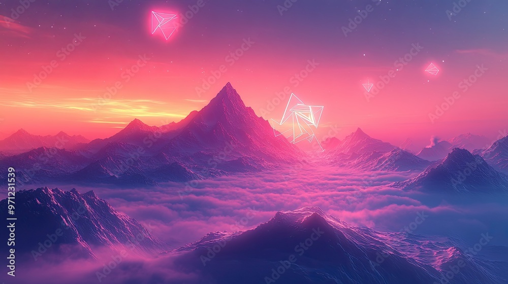 Fototapeta premium 17. A surreal, fog-covered mountain range with glowing, geometric shapes hovering in the sky