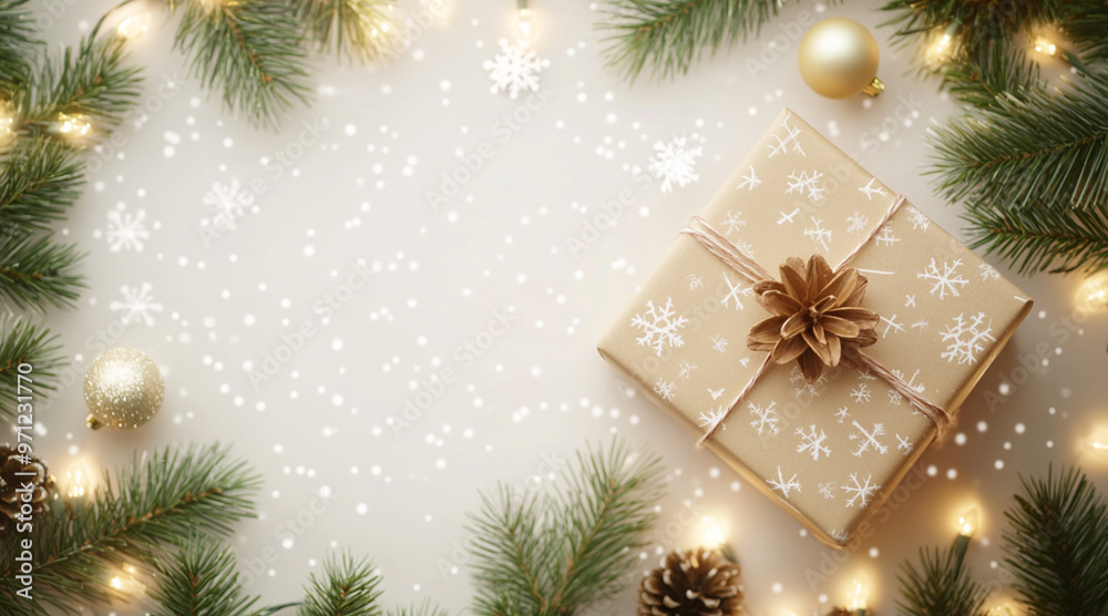Christmas background with snow flakes, lights, fir tree and gift box over white background Christmas background with snow flakes, lights, fir tree and gift box over white background