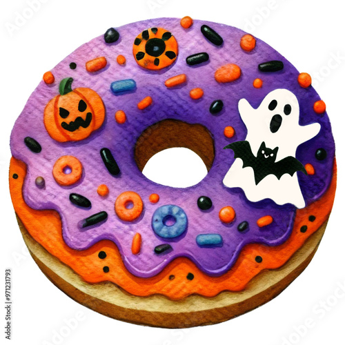 Halloween donut with ghost and pumpkin decorations