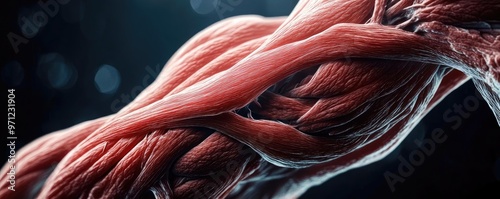 Close-up of muscular tissue showcasing intricate fiber structure and texture, ideal for fitness and anatomy concepts.