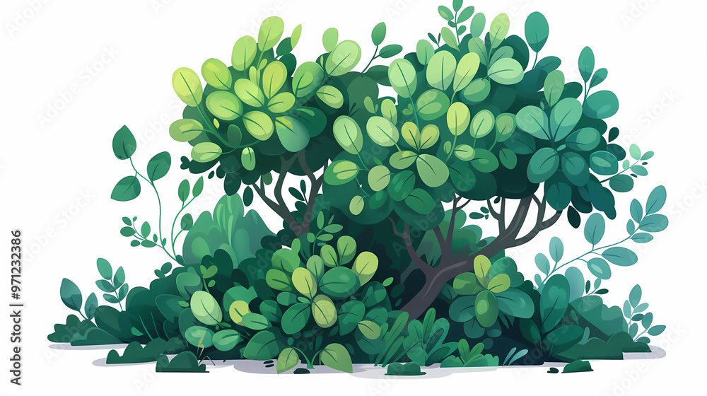 Cute green bush from the forest cartoon, isolated nature object for kids design. Branches and leaves of a fluffy bush isolated on a white background. Vector hand drawn illustration in paper cute style Cute green bush from the forest cartoon, isolated nature object for kids design. Branches and leaves of a fluffy bush isolated on a white background. Vector hand drawn illustration in paper cute style