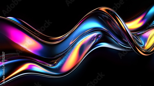 Shiny curved liquid metal with iridescent chromatic effects on black