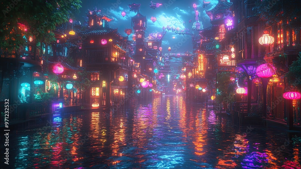 38. A dreamlike city where the streets are made of water and the buildings are floating, glowing orbs 38. A dreamlike city where the streets are made of water and the buildings are floating, glowing orbs