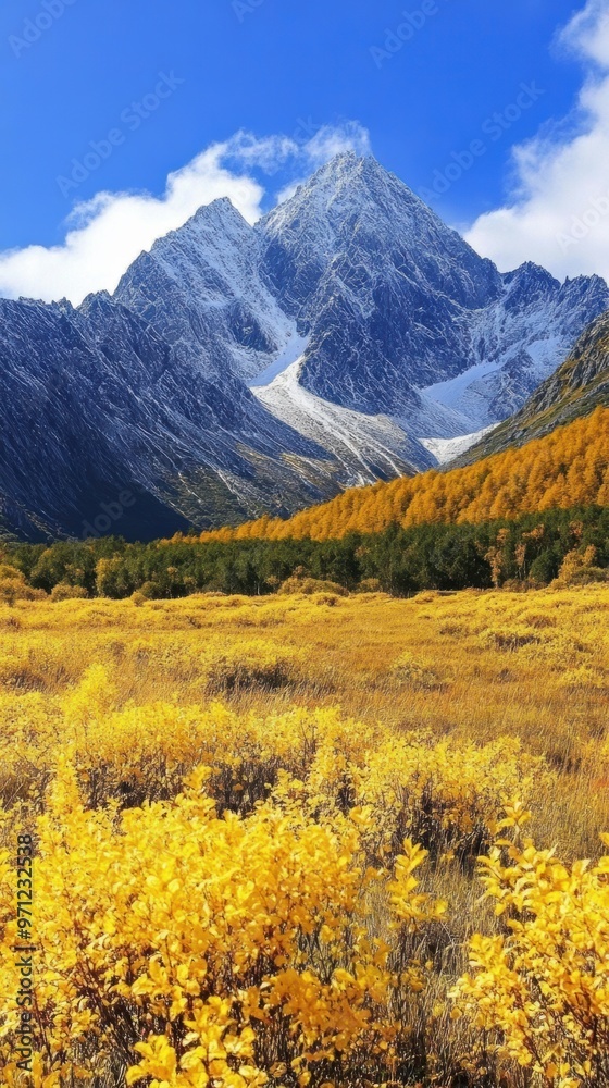 Fototapeta premium A field of yellow flowers with a mountain in the background