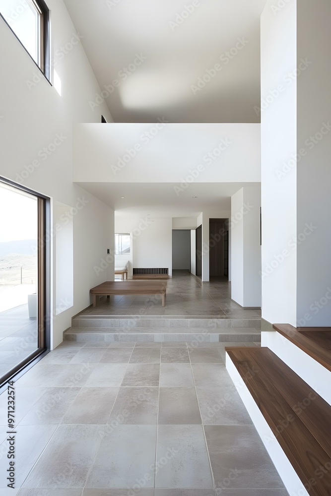 Modern Minimalist Home Interior Design With Wooden Steps and Large Windows Modern Minimalist Home Interior Design With Wooden Steps and Large Windows