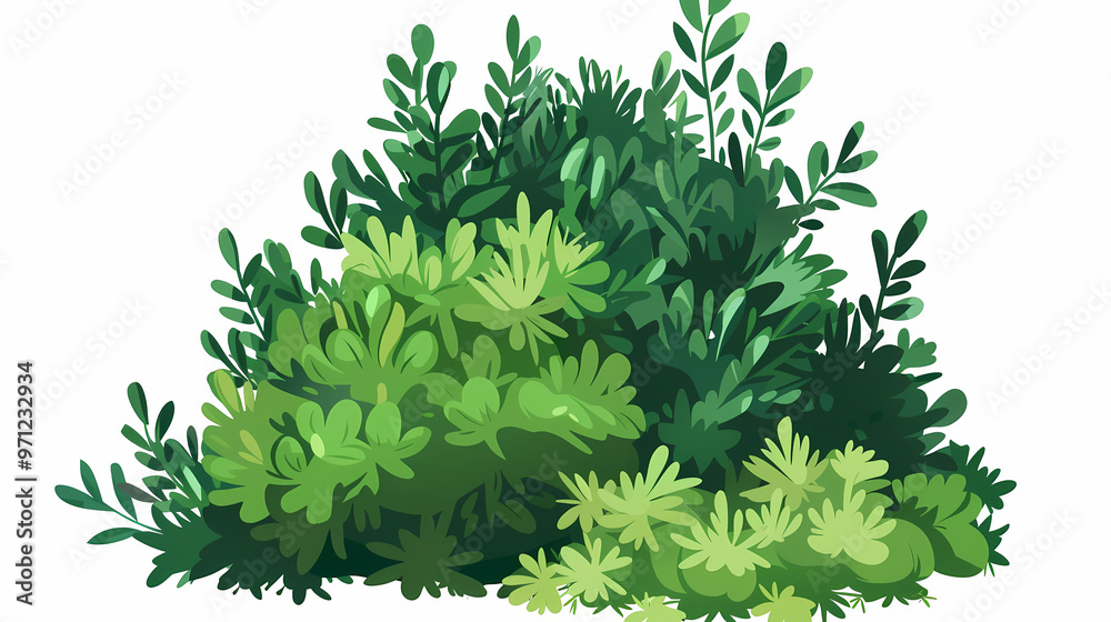 Fototapeta premium Cute green bush from the forest cartoon, isolated nature object for kids design. Branches and leaves of a fluffy bush isolated on a white background. Vector hand drawn illustration in paper cute style