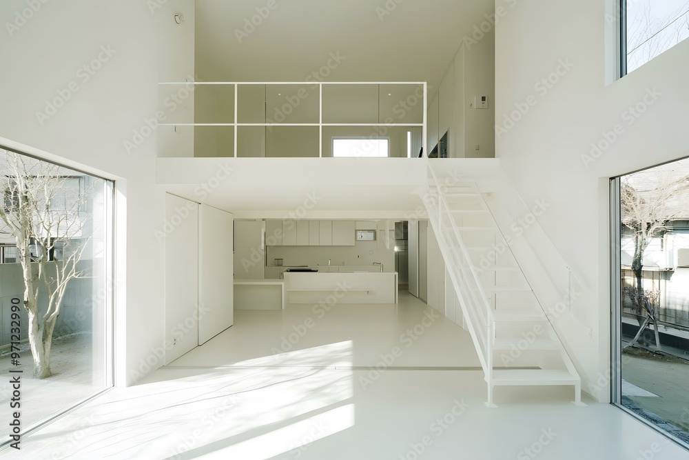Modern White Interior Design With Loft and Stairs Modern White Interior Design With Loft and Stairs