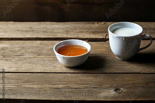 A cup of milk and a bowl of honey on a wooden table.