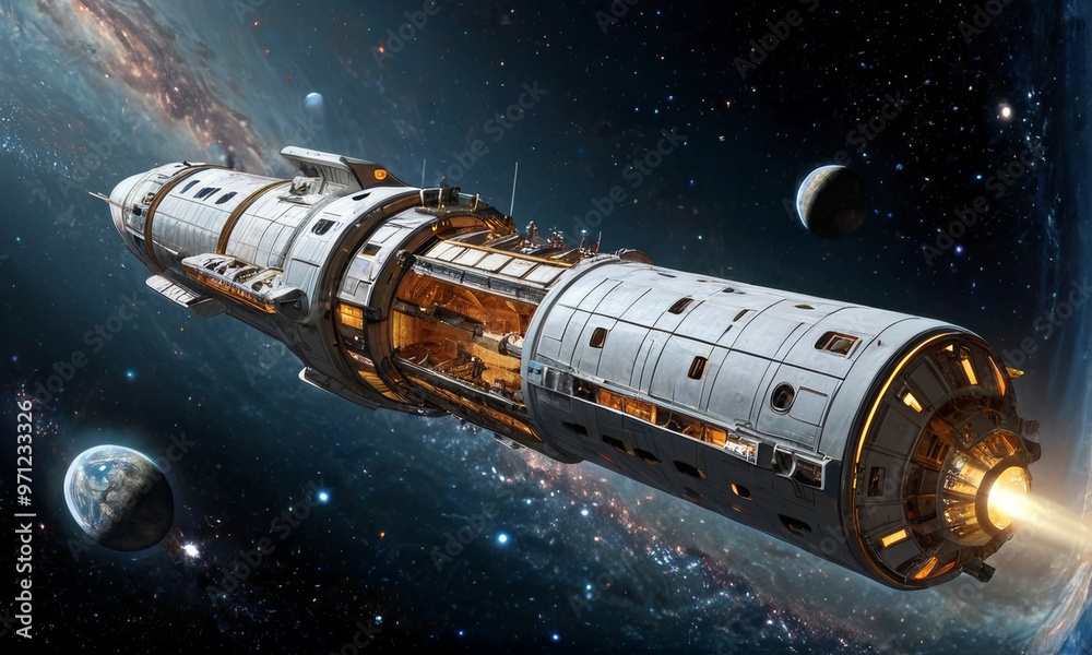 Futuristic Spacecraft Orbiting Earth in Galaxy Futuristic Spacecraft Orbiting Earth in Galaxy