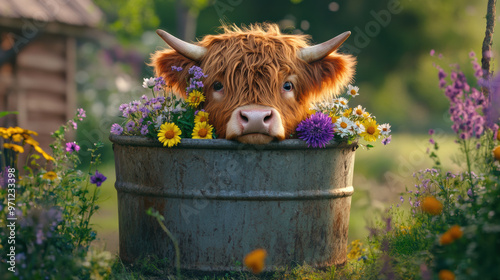 Highland Cow in Flowers. photo