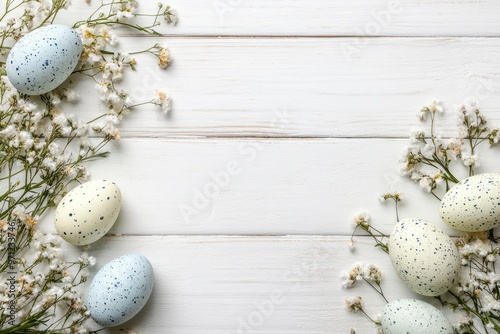 Easter eggs and spring flowers on white wooden background. Top view with copy space with generative ai