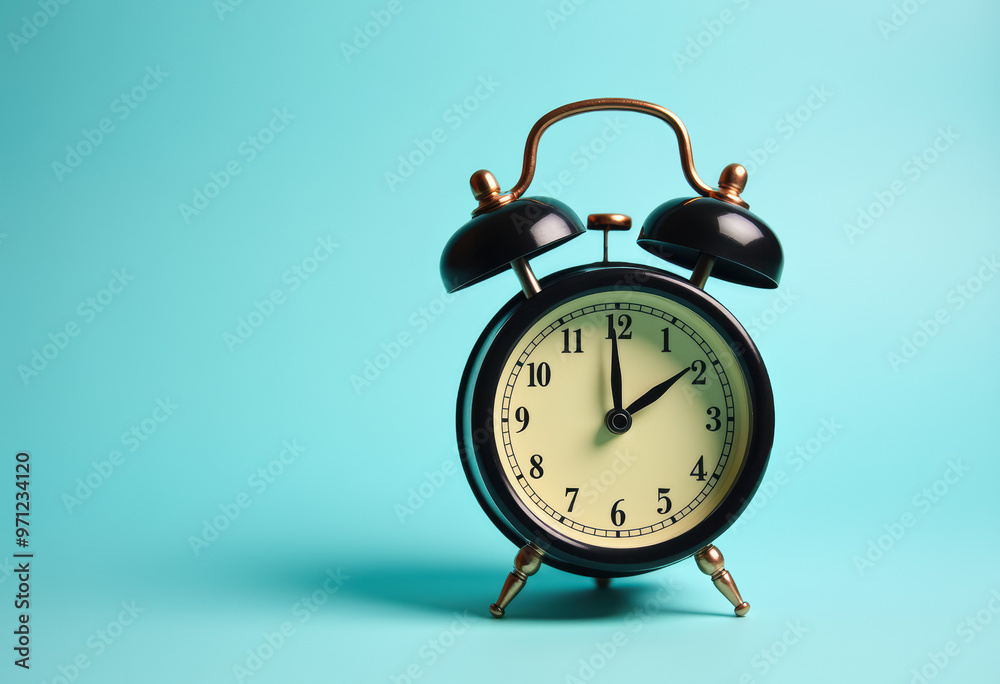 Black alarm clock on a blue background. Black alarm clock on a blue background.