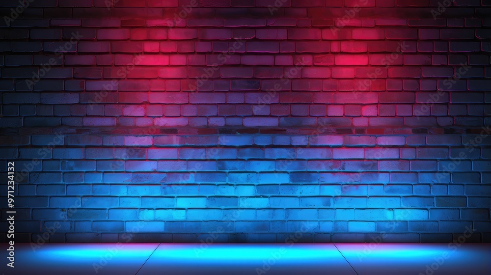 A vibrant brick wall illuminated with red and blue lights, creating a dramatic backdrop for events or performances. A vibrant brick wall illuminated with red and blue lights, creating a dramatic backdrop for events or performances.
