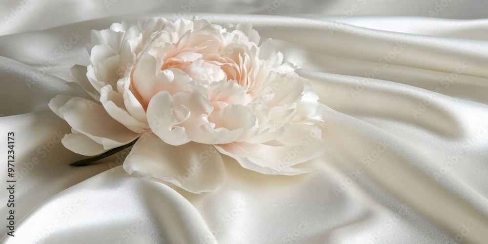 A delicate flower rests on smooth satin fabric, creating an elegant and serene composition. A delicate flower rests on smooth satin fabric, creating an elegant and serene composition.
