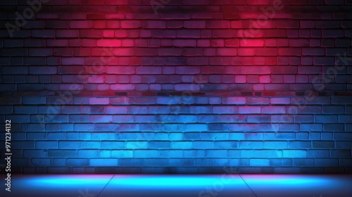 A vibrant brick wall illuminated with red and blue lights, creating a dramatic backdrop for events or performances.