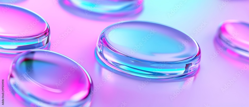 Glassy buttons with neon accents, soft blurred background, 3D illustration Glassy buttons with neon accents, soft blurred background, 3D illustration