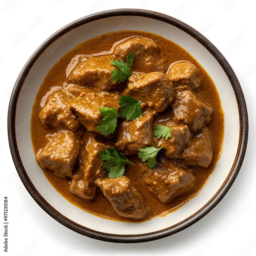 Delicious beef curry with rich sauce garnished with fresh cilantro Delicious beef curry with rich sauce garnished with fresh cilantro