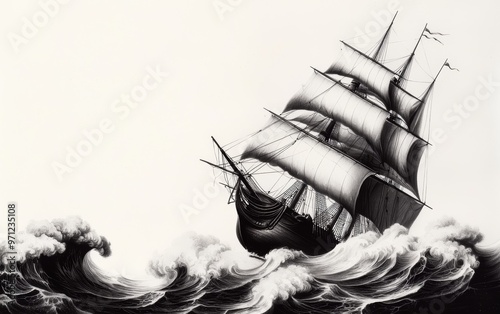 A vintage-style engraving of a historic ship sailing through turbulent waters, with detailed waves and rigging photo