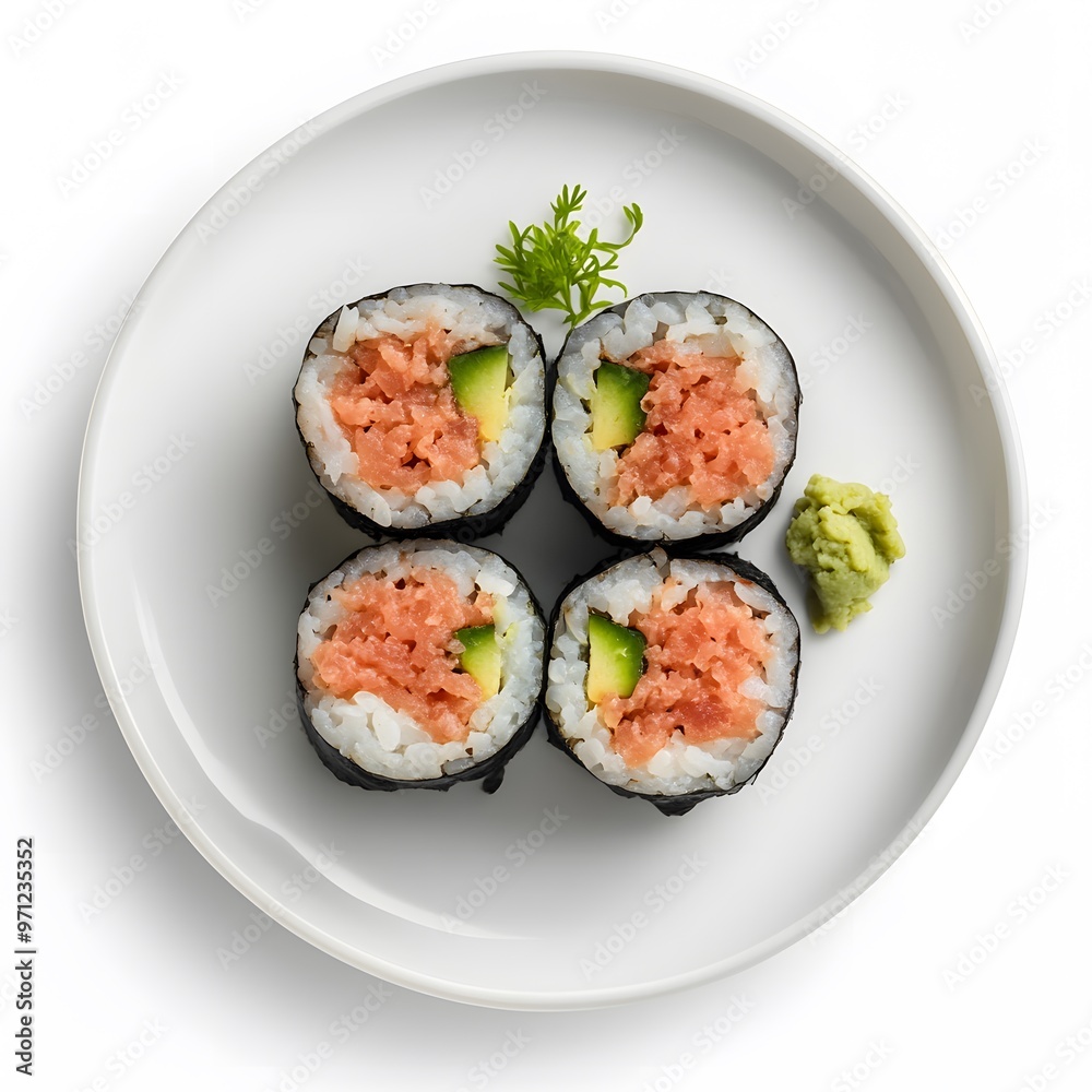 Delicious sushi roll with avocado and wasabi on a minimalist plate Delicious sushi roll with avocado and wasabi on a minimalist plate