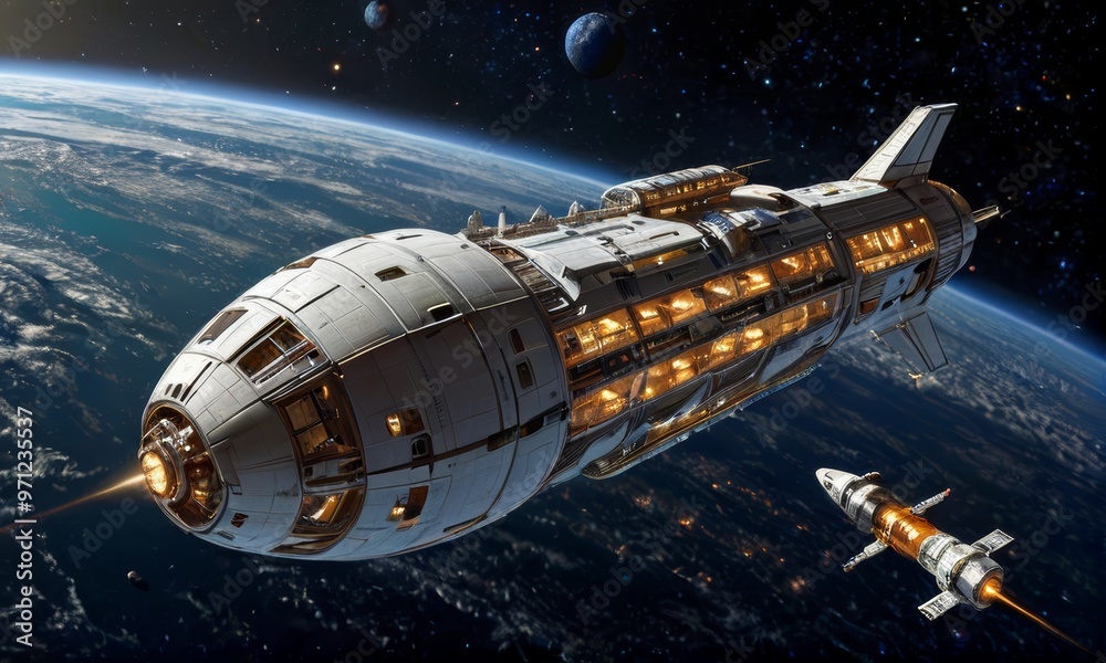 Futuristic Spacecraft Orbiting Earth in Galaxy Futuristic Spacecraft Orbiting Earth in Galaxy