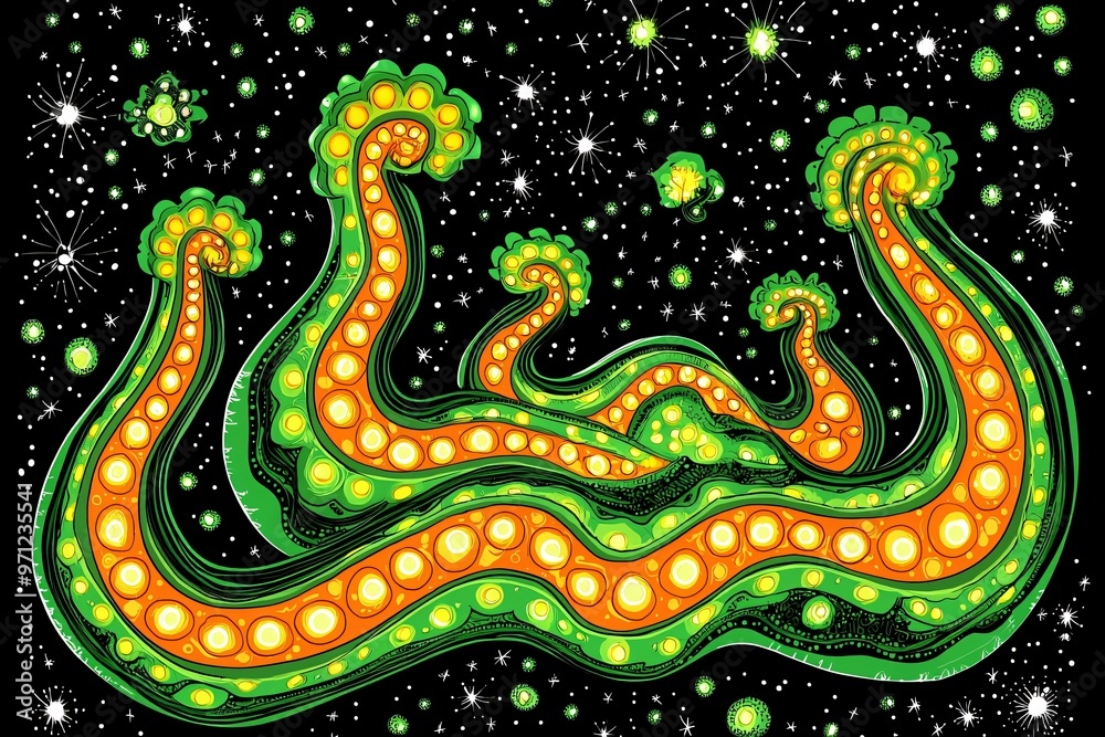 Abstract Green and Orange Shapes on a Black Background Abstract Green and Orange Shapes on a Black Background