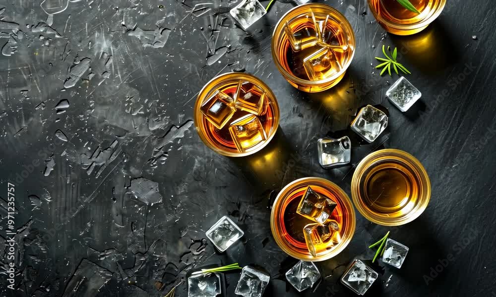 Overhead view of amber-colored drinks with ice and herbs on dark wet surface Overhead view of amber-colored drinks with ice and herbs on dark wet surface