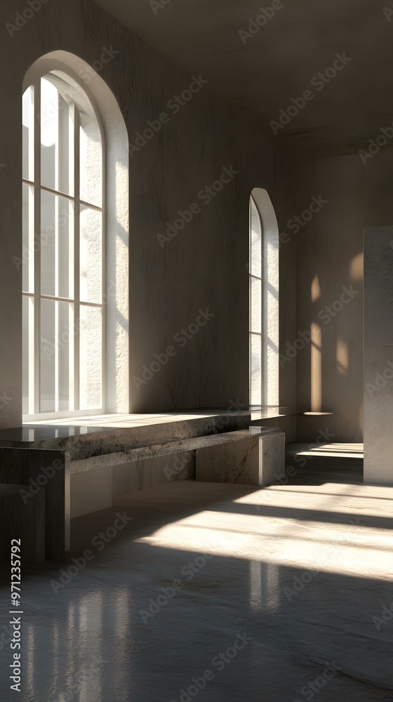 Fototapeta premium Minimalist Interior Design with Sunlight Streaming Through Windows