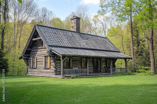 A wooden log house with a gray roof and green grass in front of the forest.