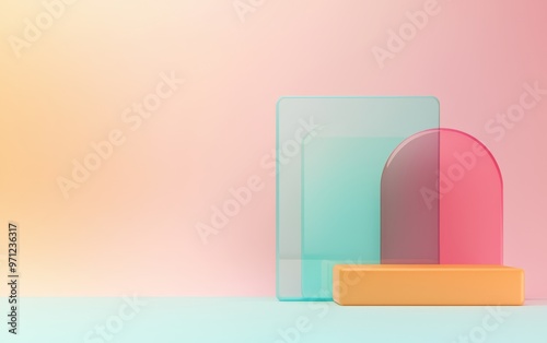 Glassmorphism UI dashboard, layered translucent panels, 3D illustration photo