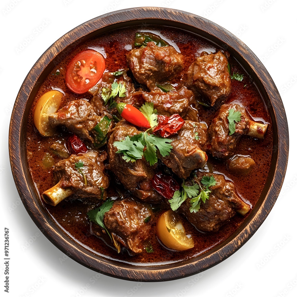 Spicy lamb curry with fresh herbs and tomatoes in rustic bowl Spicy lamb curry with fresh herbs and tomatoes in rustic bowl
