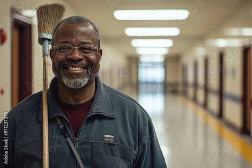 African American school janitor smiling proudly in the corridor of an educational institution, holding a broom. photo