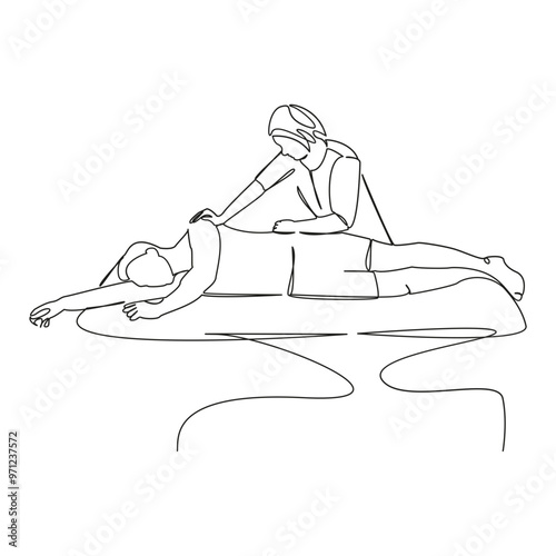 One continuous single drawing line art flat doodle doctor, patient, physical therapist, medicine, chiropractor, osteopath, physical therapy, pain, recovery. Isolated image hand draw contour on a white