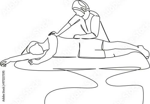 One continuous single drawing line art flat doodle doctor, patient, physical therapist, medicine, chiropractor, osteopath, physical therapy, pain, recovery. Isolated image hand draw contour on a white