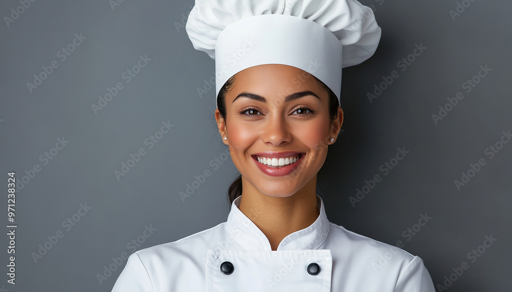 cooking, culinary and people concept - happy smiling female chef in white toque and jacket over grey background cooking, culinary and people concept - happy smiling female chef in white toque and jacket over grey background