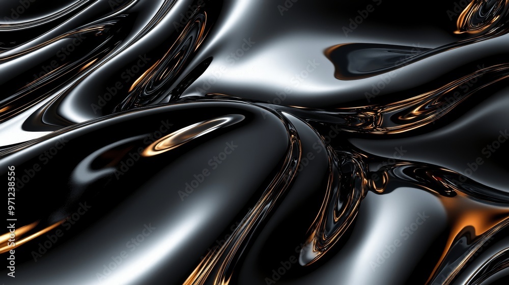 Glossy liquid metal with dynamic chromatic effects on a black surface Glossy liquid metal with dynamic chromatic effects on a black surface