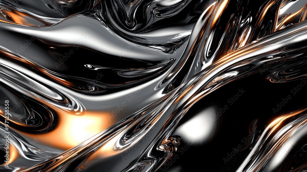 Glossy liquid metal with dynamic chromatic effects on a black surface