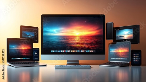 Responsive website design displayed on multiple devices, cross-platform compatibility, modern web development, very realistic