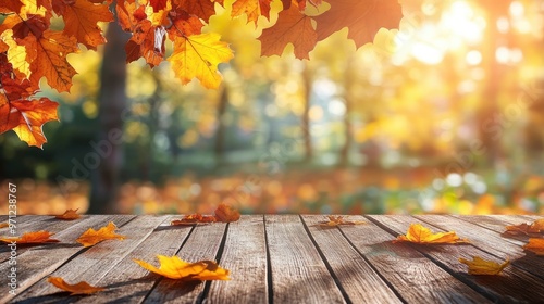 Empty wooden table with autumn background. Wooden table and autumn leaves on abstract bokeh fall background with generative ai