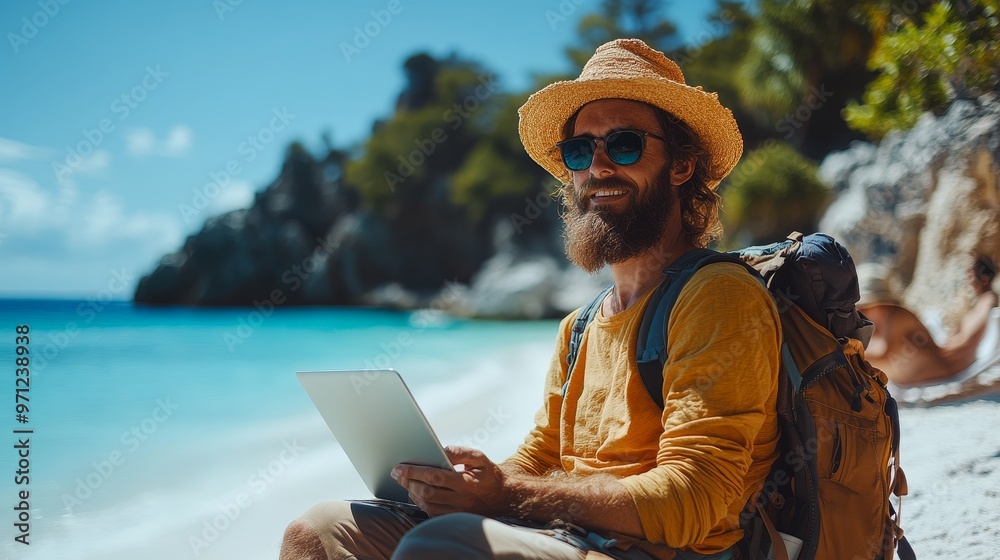 Fototapeta premium Digital nomad working on website development at a beach, remote work lifestyle, web developerâ€™s freedom, very realistic