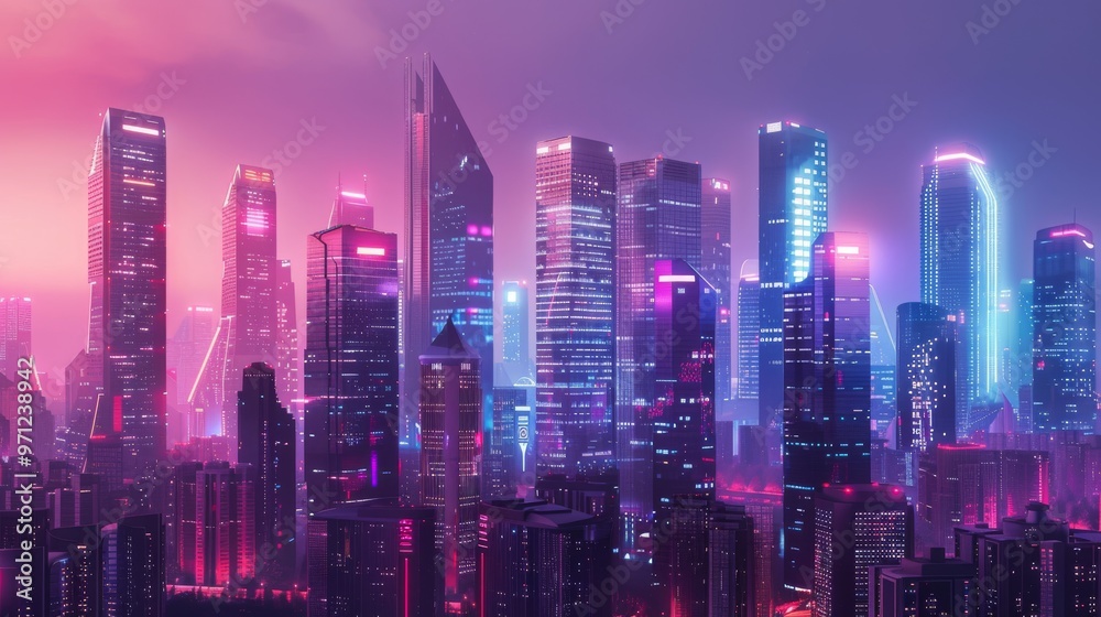 Obraz premium Stunning futuristic skyline illuminated by vibrant neon lights, showcasing modern architecture in a vibrant urban landscape.
