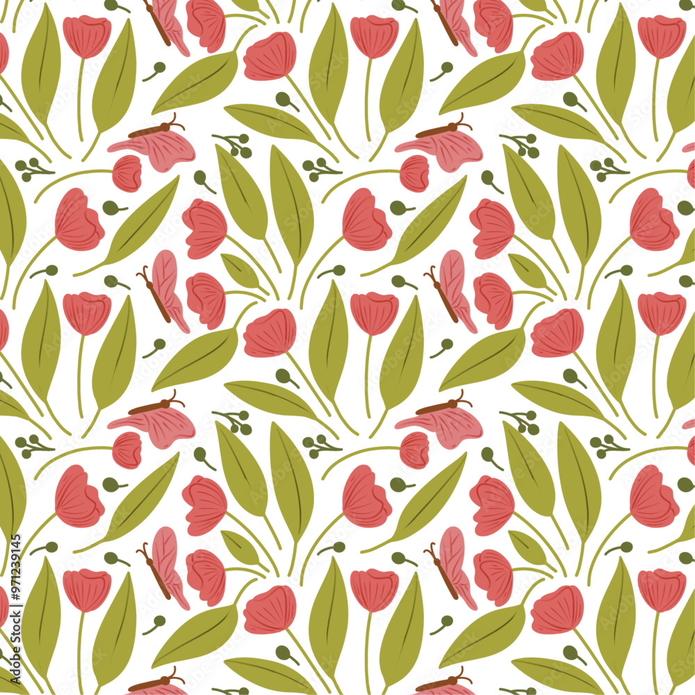 pink floral and butterfly seamless pattern