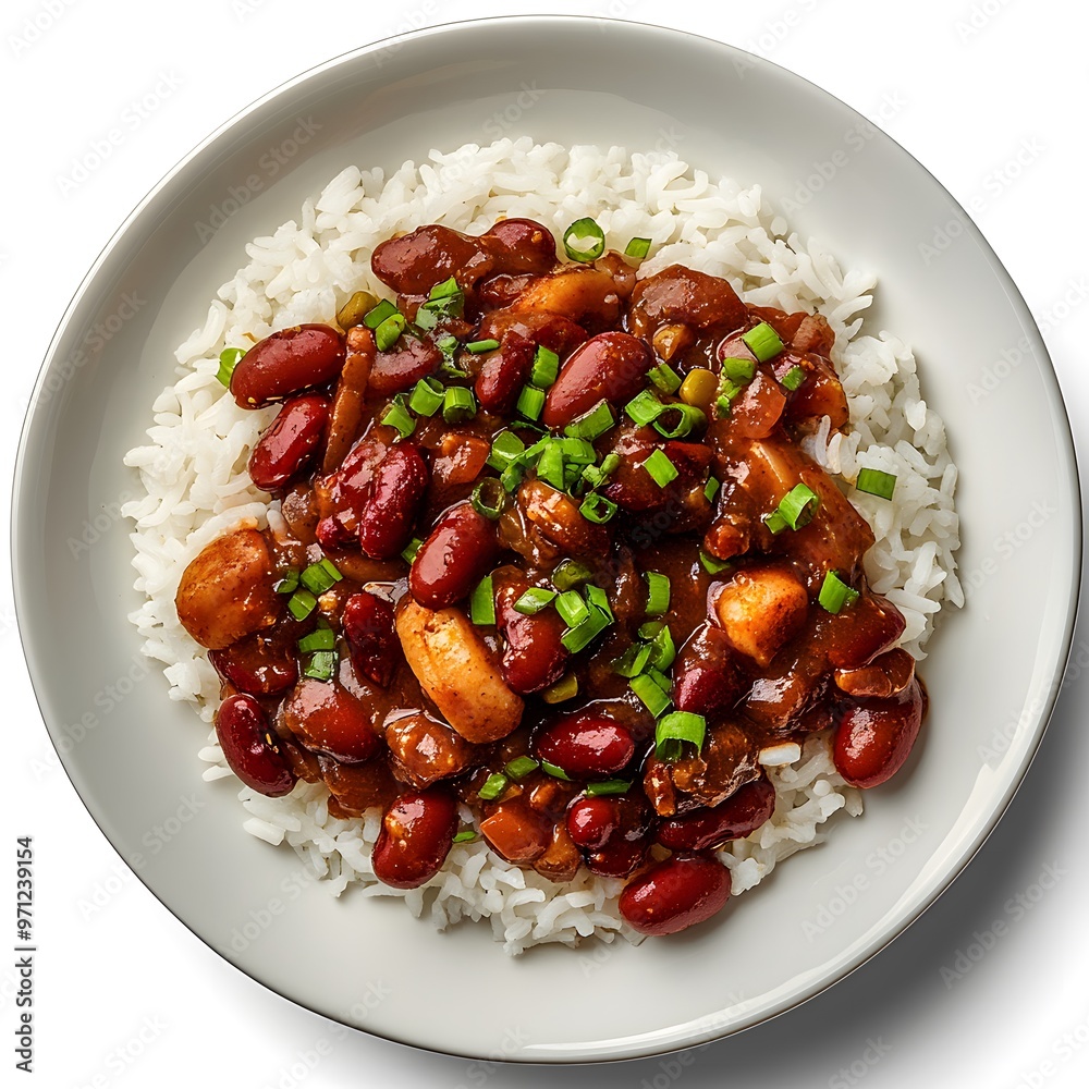 Hearty red bean and rice dish with vibrant garnish Hearty red bean and rice dish with vibrant garnish