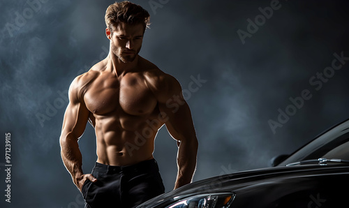 A mechanic man with a muscular naked torso stands near a car with an open hood in the bright light photo