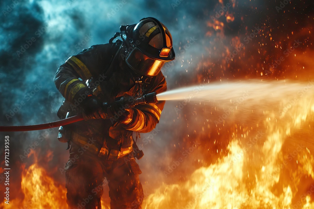 A brave firefighter battling flames with a hose, showcasing determination and courage in a fire emergency scenario. A brave firefighter battling flames with a hose, showcasing determination and courage in a fire emergency scenario.