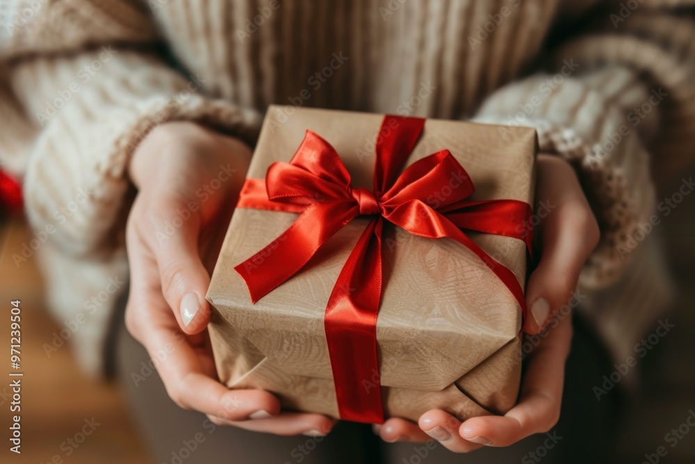 Woman wearing a wool sweater holding a christmas gift with a red ribbon