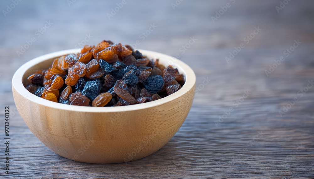 Bowl of Mixed Raisins on Wooden Surface Bowl of Mixed Raisins on Wooden Surface