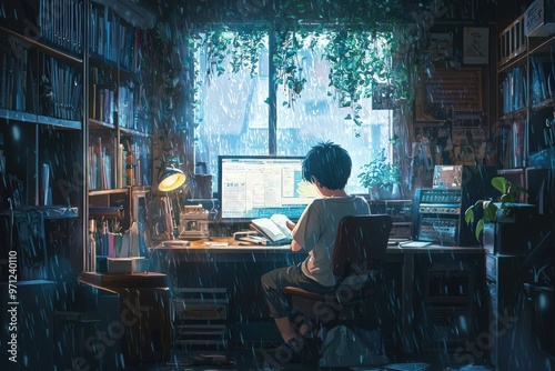 Anime depiction of a boy studying to lofi music in a cozy room on a rainy day, suitable as a wallpaper.